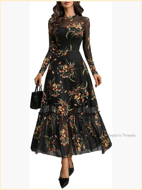 Dresses & Skirts - Floral Mesh Maxi Dress Long Sleeve A Line Ruffle Hem Wedding Guest
